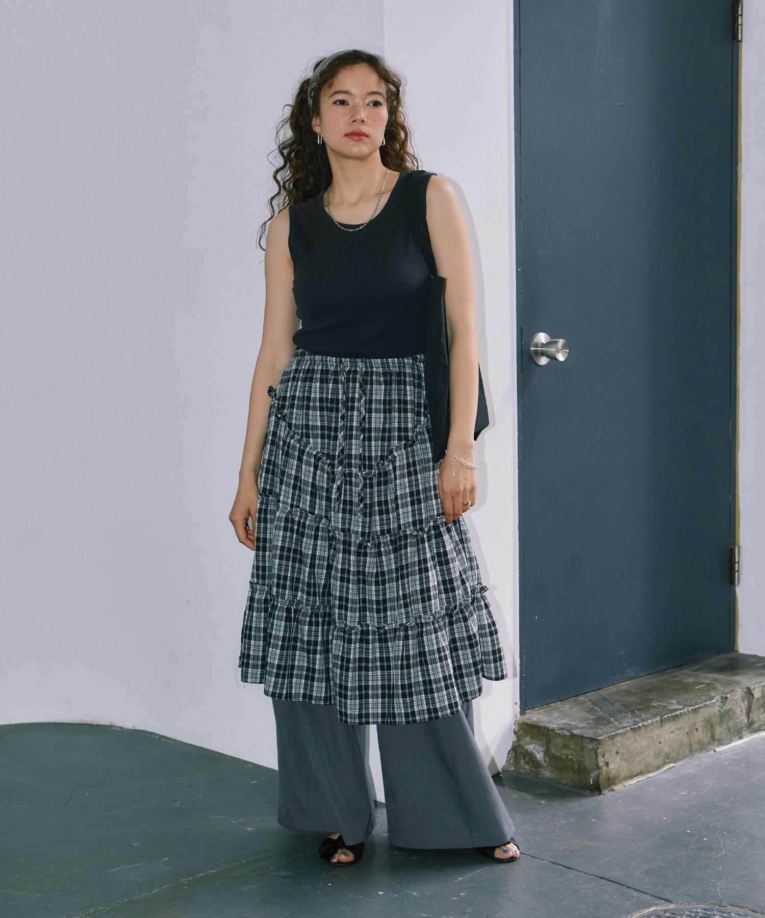 チェックレイヤードスカート