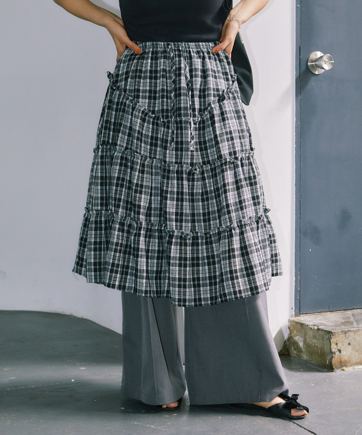 チェックレイヤードスカート