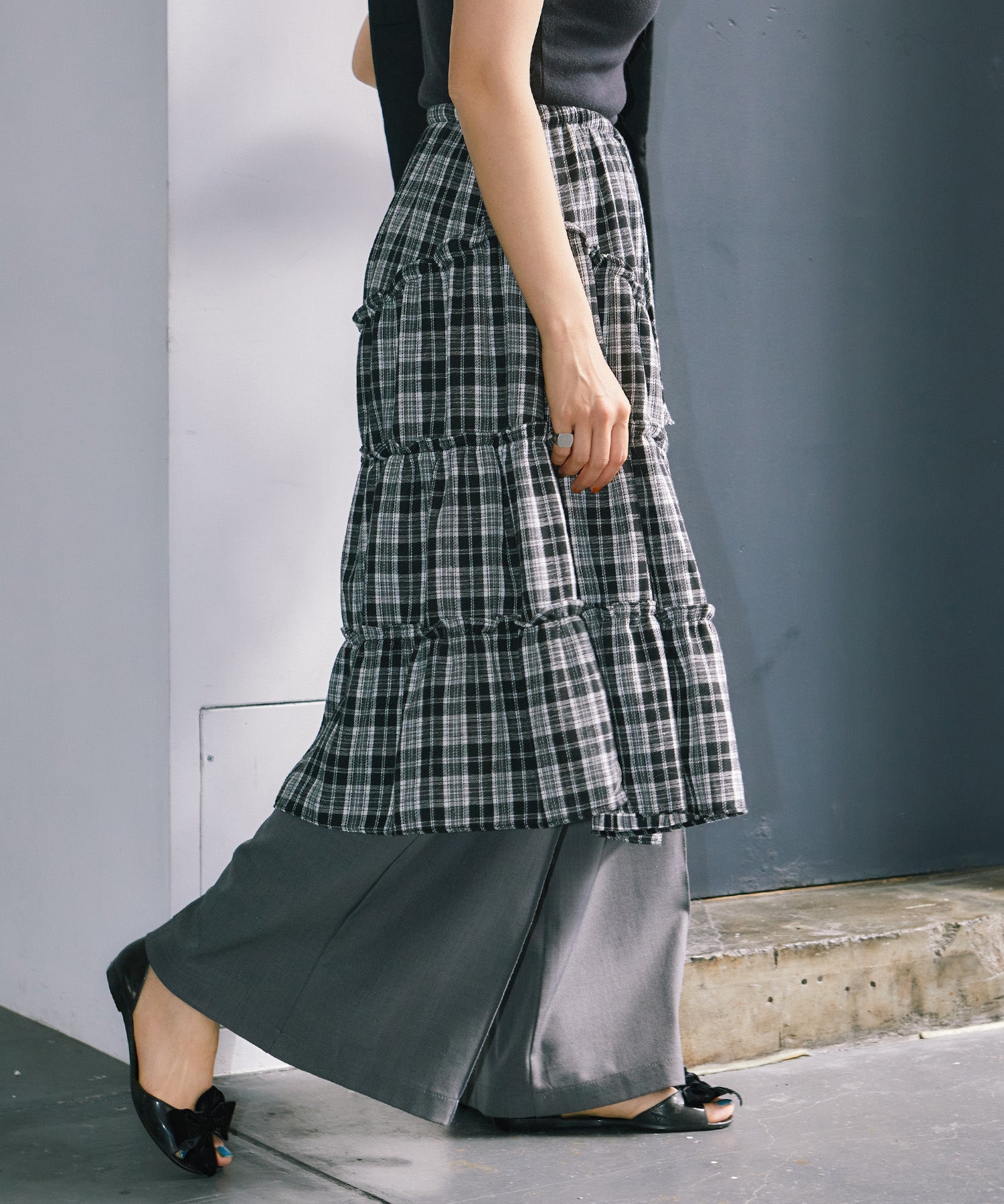チェックレイヤードスカート