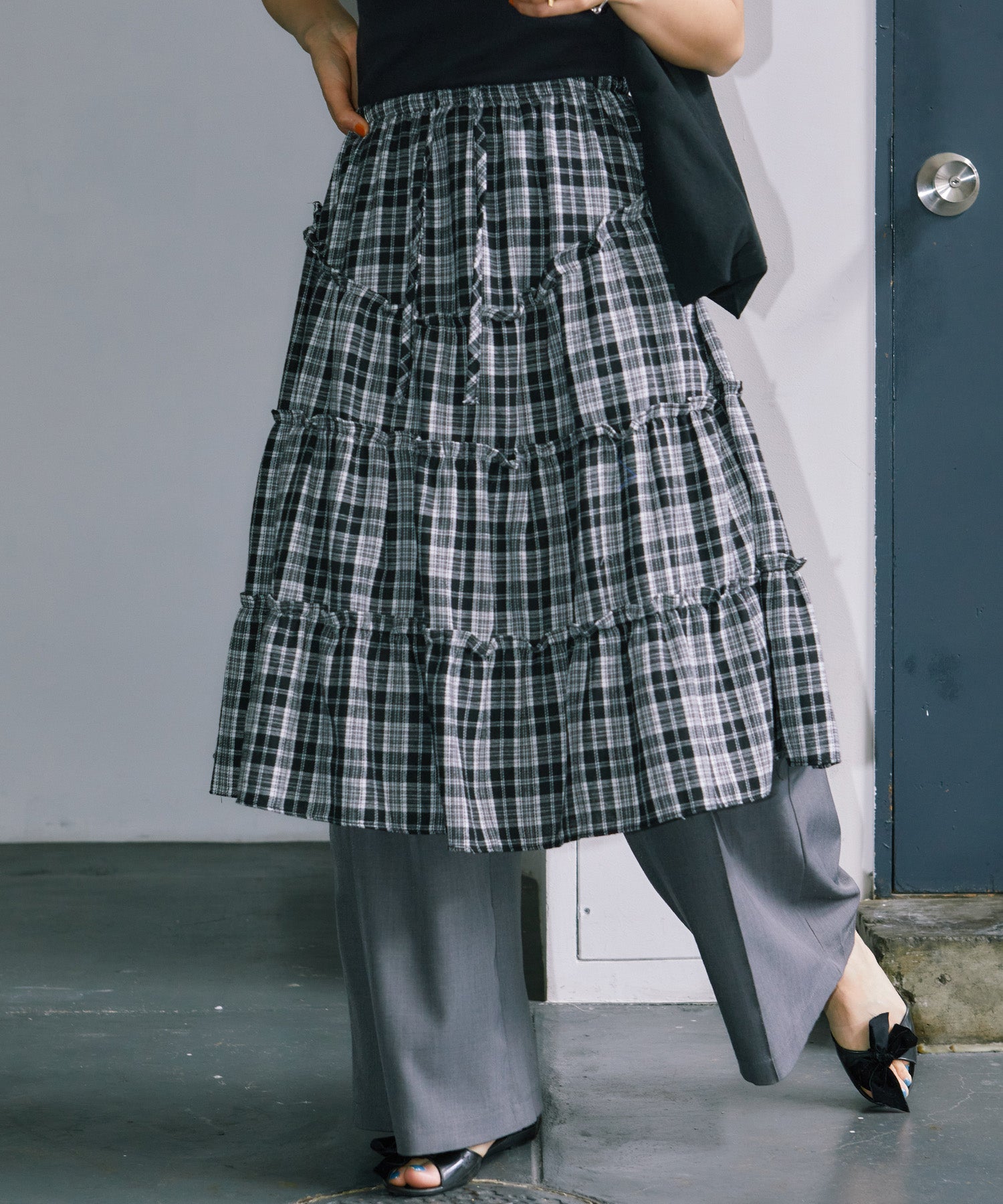 チェックレイヤードスカート