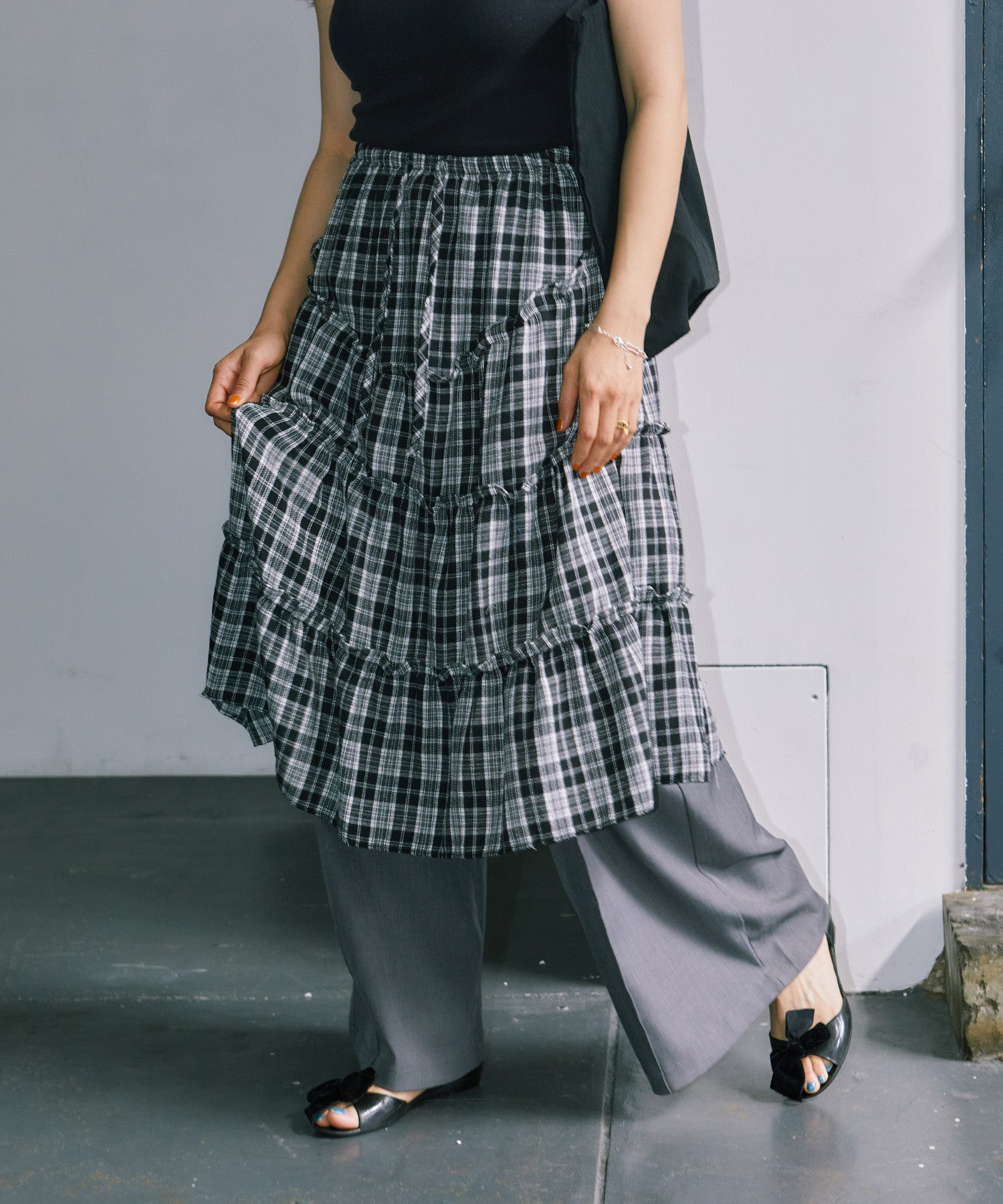 チェックレイヤードスカート